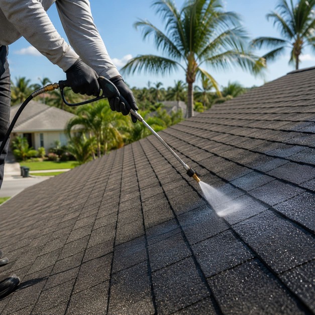 Applying the plant-based treatment to an asphalt shingle roof
