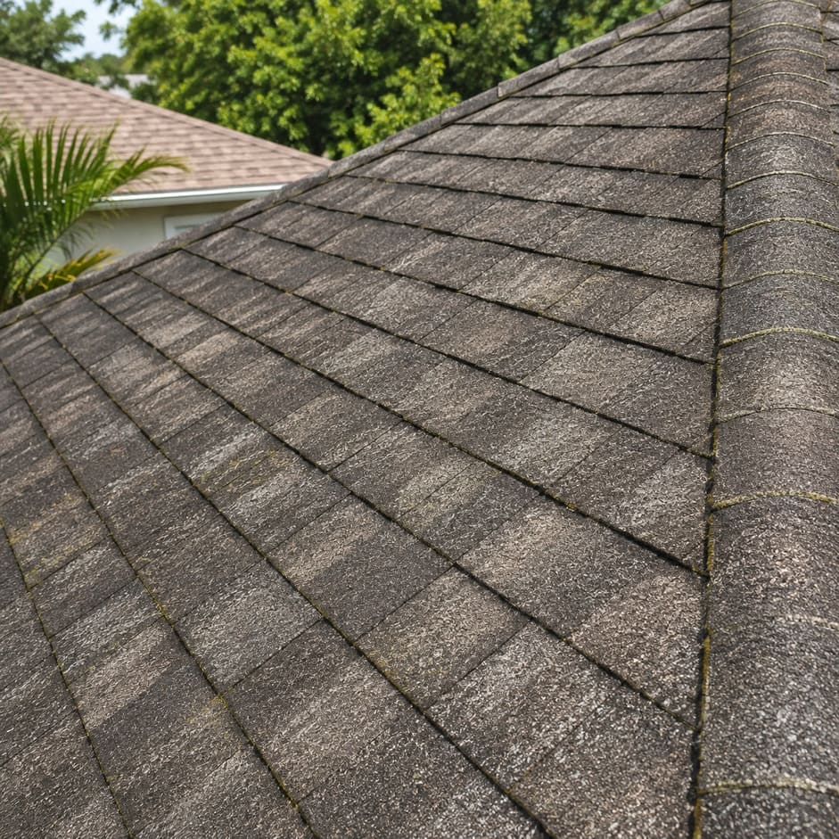 A weathered asphalt roof before treatment — faded and algae-streaked